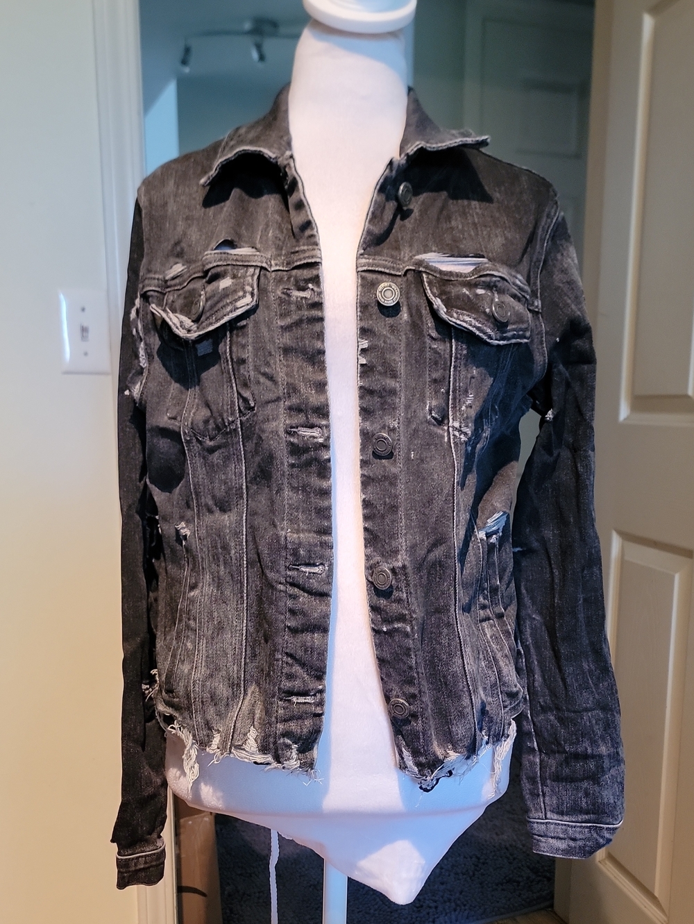 Womens Black Distressed Denim Jacket - Casual Jean Coat